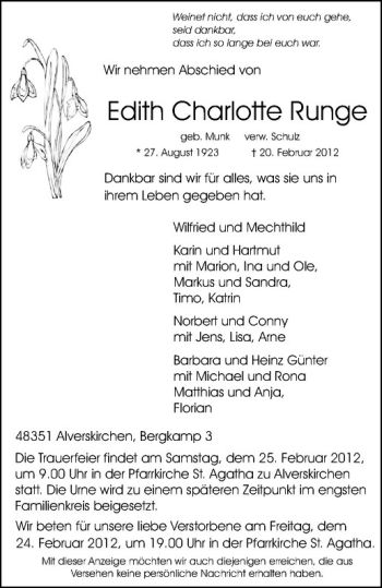 Anzeige von Edith Charlotte Runge von Westfälische Nachrichten
