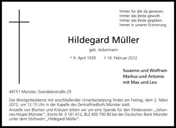 Anzeige von Hildegard Müller von Westfälische Nachrichten