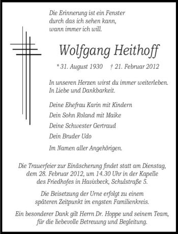 Anzeige von Wolfgang Heithoff von Westfälische Nachrichten