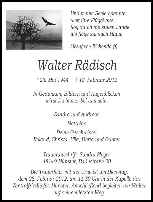  Traueranzeige für Walter Rädisch vom 25.02.2012 aus Westfälische Nachrichten