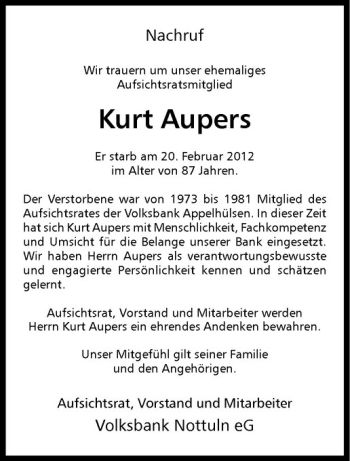 Anzeige von Kurt Aupers von Westfälische Nachrichten