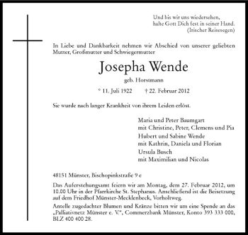 Anzeige von Josepha Wende von Westfälische Nachrichten