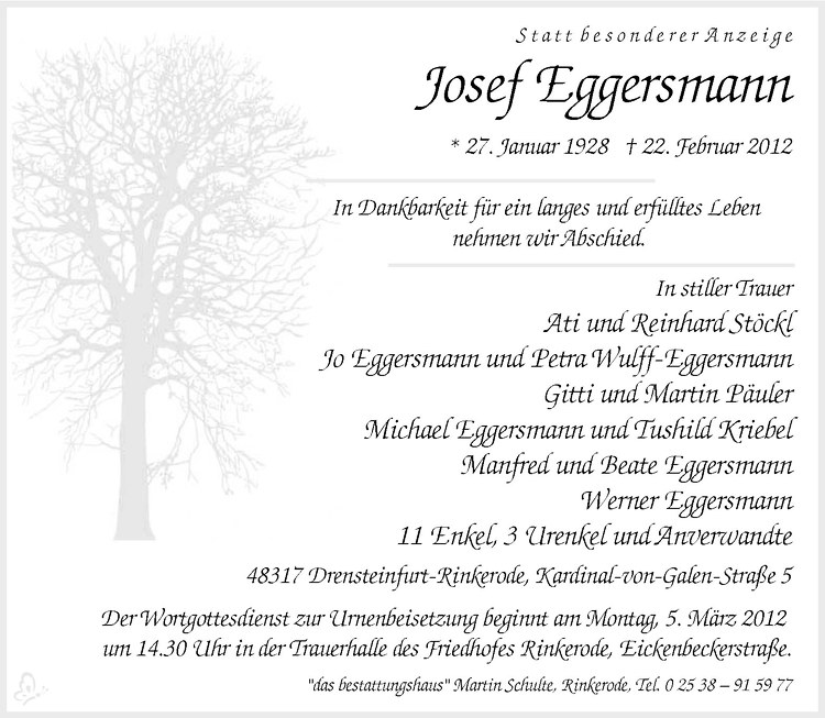  Traueranzeige für Josef Eggersmann vom 25.02.2012 aus Westfälische Nachrichten
