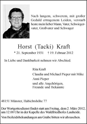 Anzeige von Horst Kraft von Westfälische Nachrichten