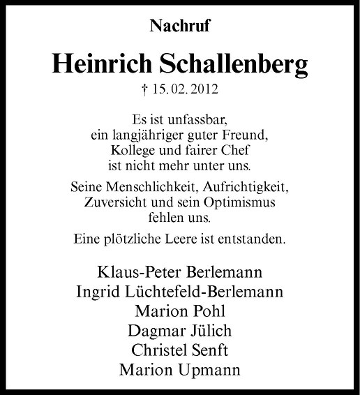  Traueranzeige für Heinrich Schallenberg vom 27.02.2012 aus Westfälische Nachrichten