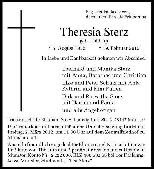  Traueranzeige für Theresia Sterz vom 25.02.2012 aus Westfälische Nachrichten
