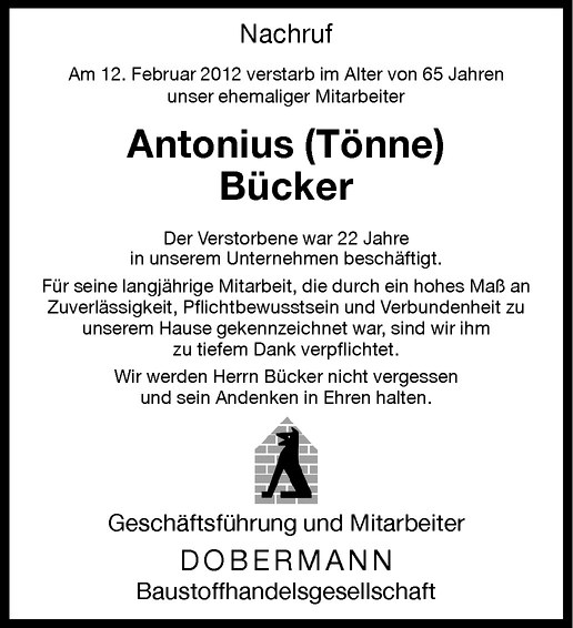  Traueranzeige für Antonius Bücker vom 25.02.2012 aus Westfälische Nachrichten