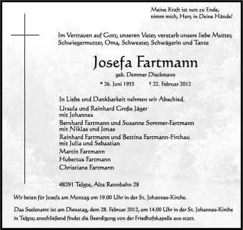 Anzeige von Josefa Fartmann von Westfälische Nachrichten