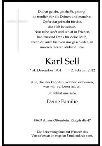 Anzeige von Karl Sell von Westfälische Nachrichten