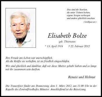 Anzeige von Elisabeth Bolze von Westfälische Nachrichten