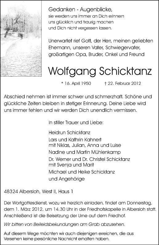  Traueranzeige für Wolfgang Schicktanz vom 27.02.2012 aus Westfälische Nachrichten