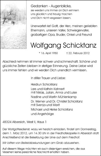 Anzeige von Wolfgang Schicktanz von Westfälische Nachrichten