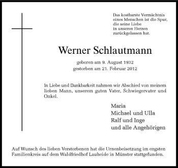 Anzeige von Werner Schlautmann von Westfälische Nachrichten