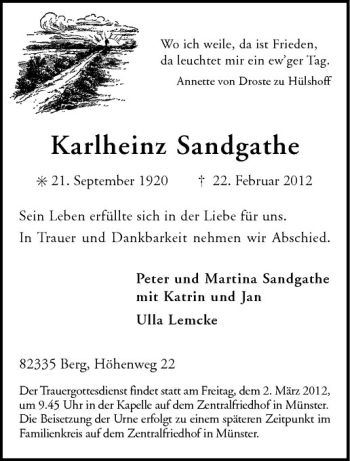 Anzeige von Karlheinz Sandgathe von Westfälische Nachrichten