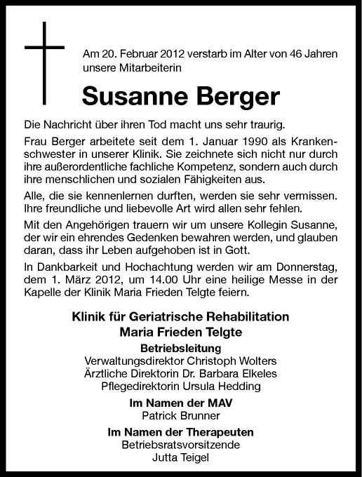  Traueranzeige für Susanne Berger vom 25.02.2012 aus Westfälische Nachrichten