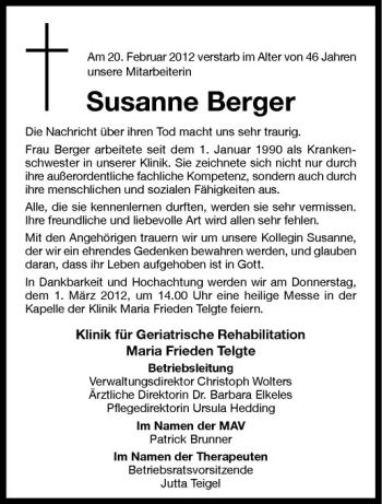 Anzeige von Susanne Berger von Westfälische Nachrichten