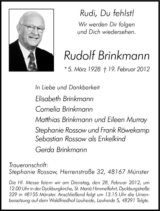  Traueranzeige für Rudolf Brinkmann vom 25.02.2012 aus Westfälische Nachrichten