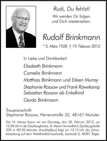Anzeige von Rudolf Brinkmann von Westfälische Nachrichten
