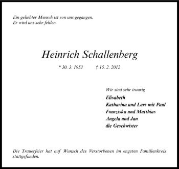 Anzeige von Heinrich Schallenberg von Westfälische Nachrichten