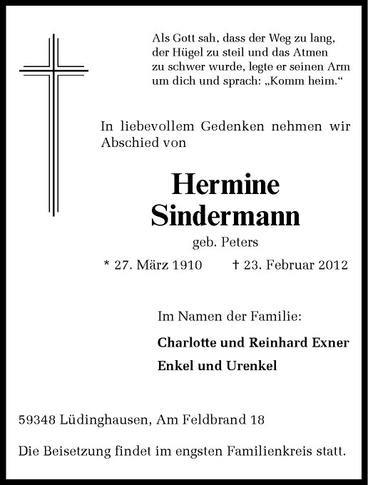  Traueranzeige für Hermine Sindermann vom 25.02.2012 aus Westfälische Nachrichten