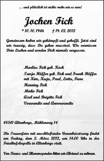 Anzeige von Jochen Fick von Westfälische Nachrichten