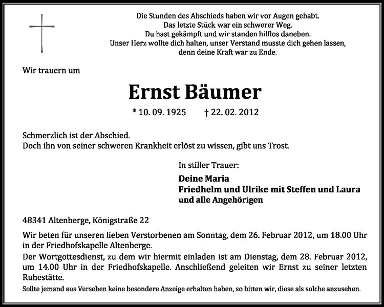 Traueranzeige für Ernst Bäumer vom 25.02.2012 aus Westfälische Nachrichten