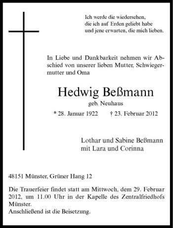 Anzeige von Hedwig Beßmann von Westfälische Nachrichten