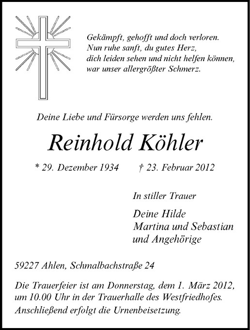 Traueranzeige für Reinhold Köhler vom 27.02.2012 aus Westfälische Nachrichten