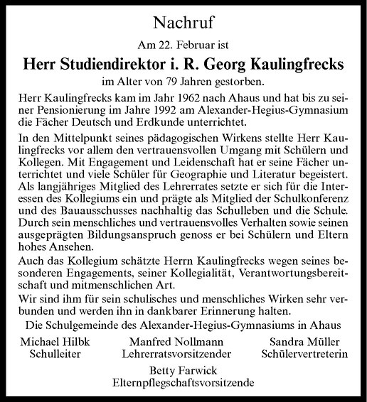  Traueranzeige für Georg Kaulingfrecks vom 27.02.2012 aus Westfälische Nachrichten