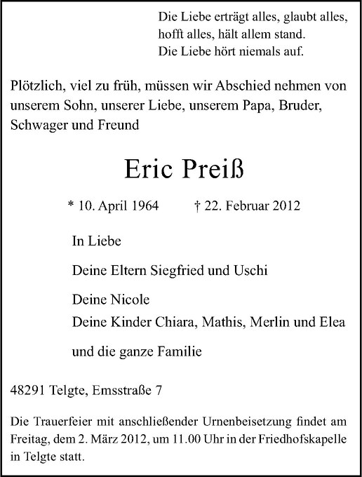  Traueranzeige für Eric Preiß vom 27.02.2012 aus Westfälische Nachrichten