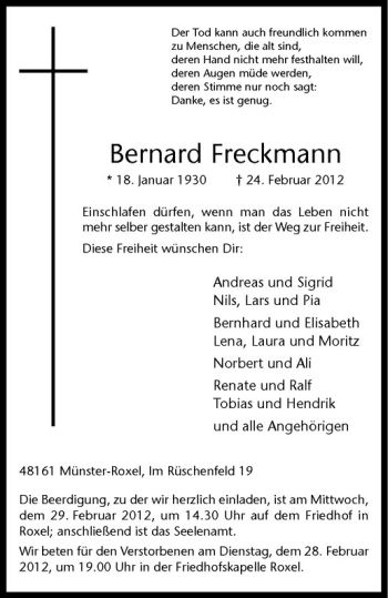 Anzeige von Bernard Freckmann von Westfälische Nachrichten