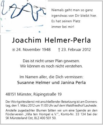 Anzeige von Joachim Helmer-Perla von Westfälische Nachrichten