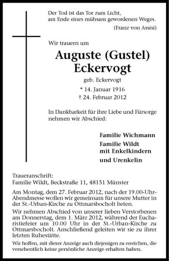 Anzeige von Auguste Eckervogt von Westfälische Nachrichten