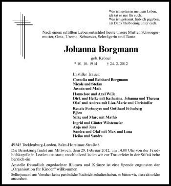 Anzeige von Johanna Borgmann von Westfälische Nachrichten