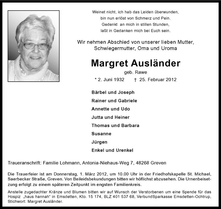  Traueranzeige für Margret Ausländer vom 27.02.2012 aus Westfälische Nachrichten