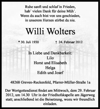 Anzeige von Willi Wolters von Westfälische Nachrichten