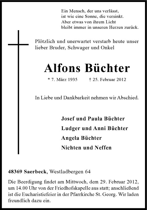  Traueranzeige für Alfons Büchter vom 27.02.2012 aus Westfälische Nachrichten