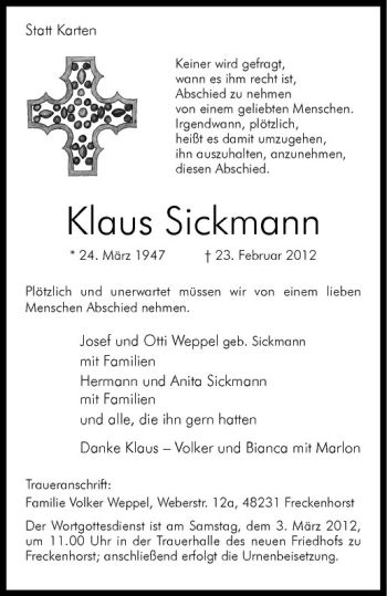 Anzeige von Klaus Sickmann von Westfälische Nachrichten
