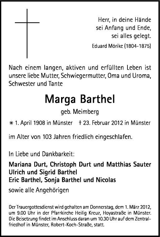 Traueranzeige für Marga Barthel vom 28.02.2012 aus Westfälische Nachrichten
