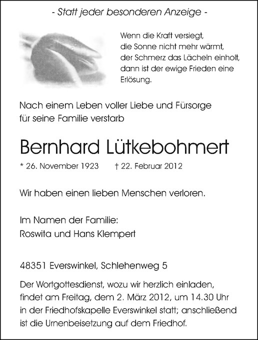  Traueranzeige für Bernhard Lütkebohmert vom 28.02.2012 aus Westfälische Nachrichten