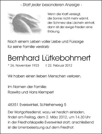 Anzeige von Bernhard Lütkebohmert von Westfälische Nachrichten
