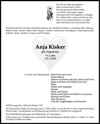 Anzeige von Anja Kisker von Westfälische Nachrichten