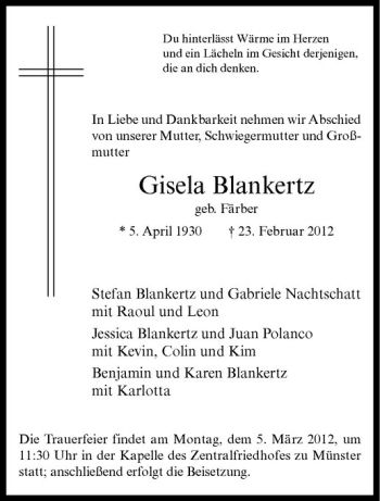 Anzeige von Gisela Blankertz von Westfälische Nachrichten