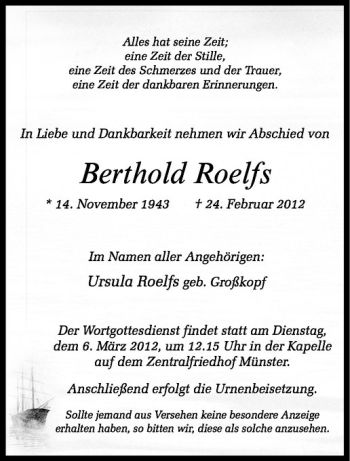 Anzeige von Berthold Roelfs von Westfälische Nachrichten