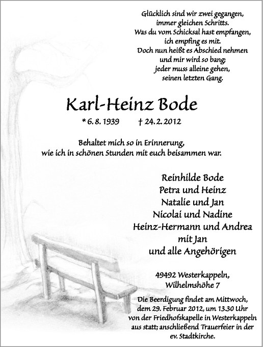  Traueranzeige für Karl-Heinz Bode vom 28.02.2012 aus Westfälische Nachrichten