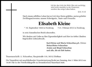 Anzeige von Elisabeth Kleine von Westfälische Nachrichten