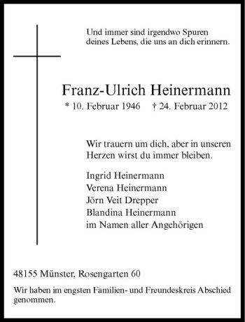 Anzeige von Franz-Ulrich Heinermann von Westfälische Nachrichten