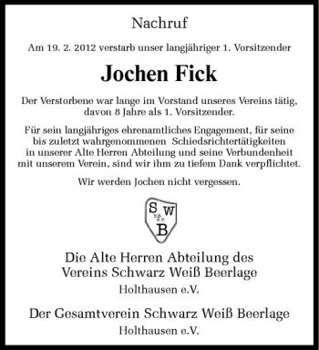 Anzeige von Jochen Fick von Westfälische Nachrichten
