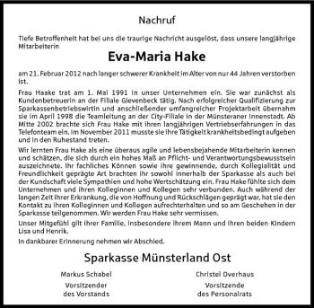 Anzeige von Eva-Maria Hake von Westfälische Nachrichten