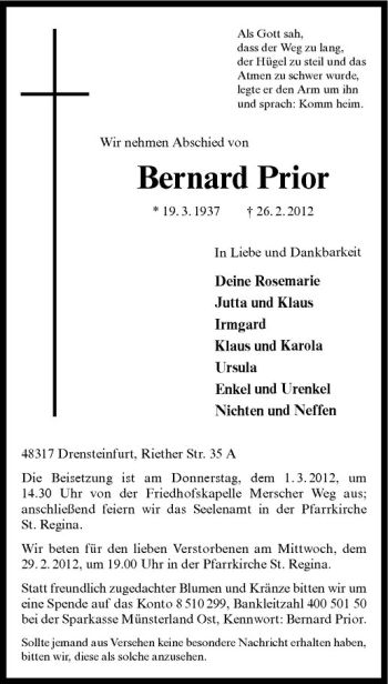 Anzeige von Bernard Prior von Westfälische Nachrichten